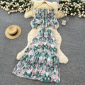 French style women's autumn outfit set: chic off-the-shoulder lantern sleeve floral top with high-waisted pleated midi skirt