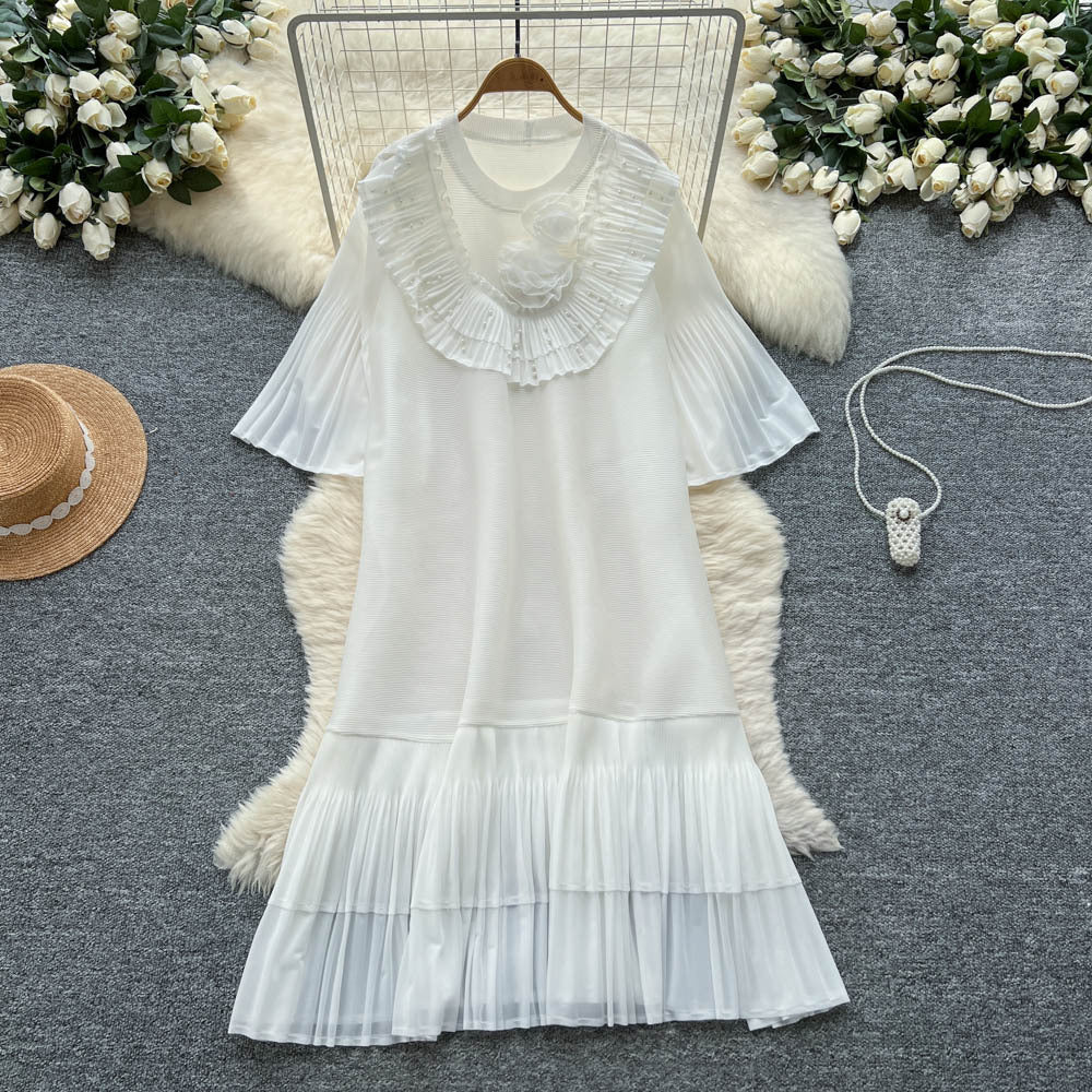 European and american niche style heavy beaded 3d floral flared sleeve dress - women's loose fit slimming a-line pleated maxi dress