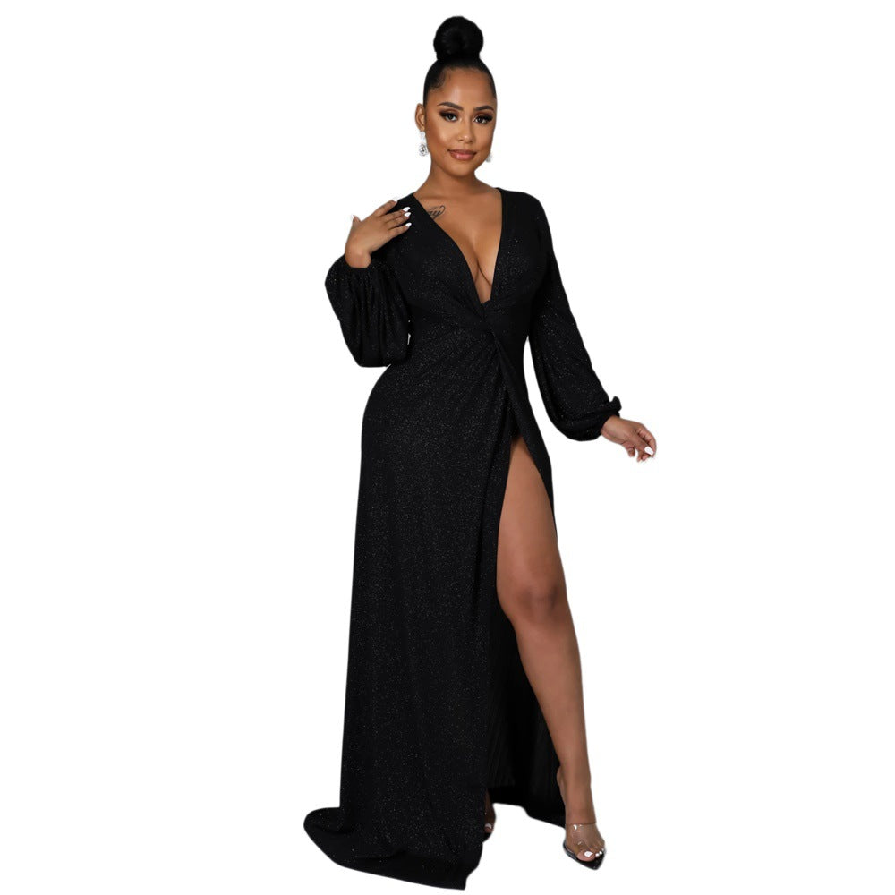 9571 European and American   solid silver thread flash deep V temperament women's dress