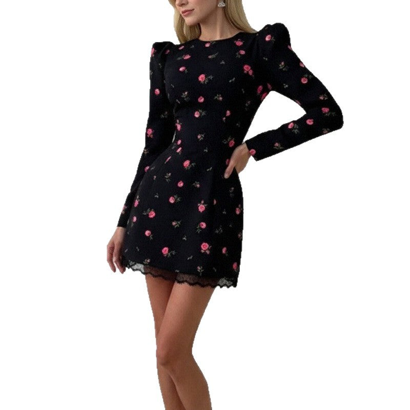 summer new women's fashion: european and american cross-border dress - printed lace-trimmed a-line long-sleeve mini dress