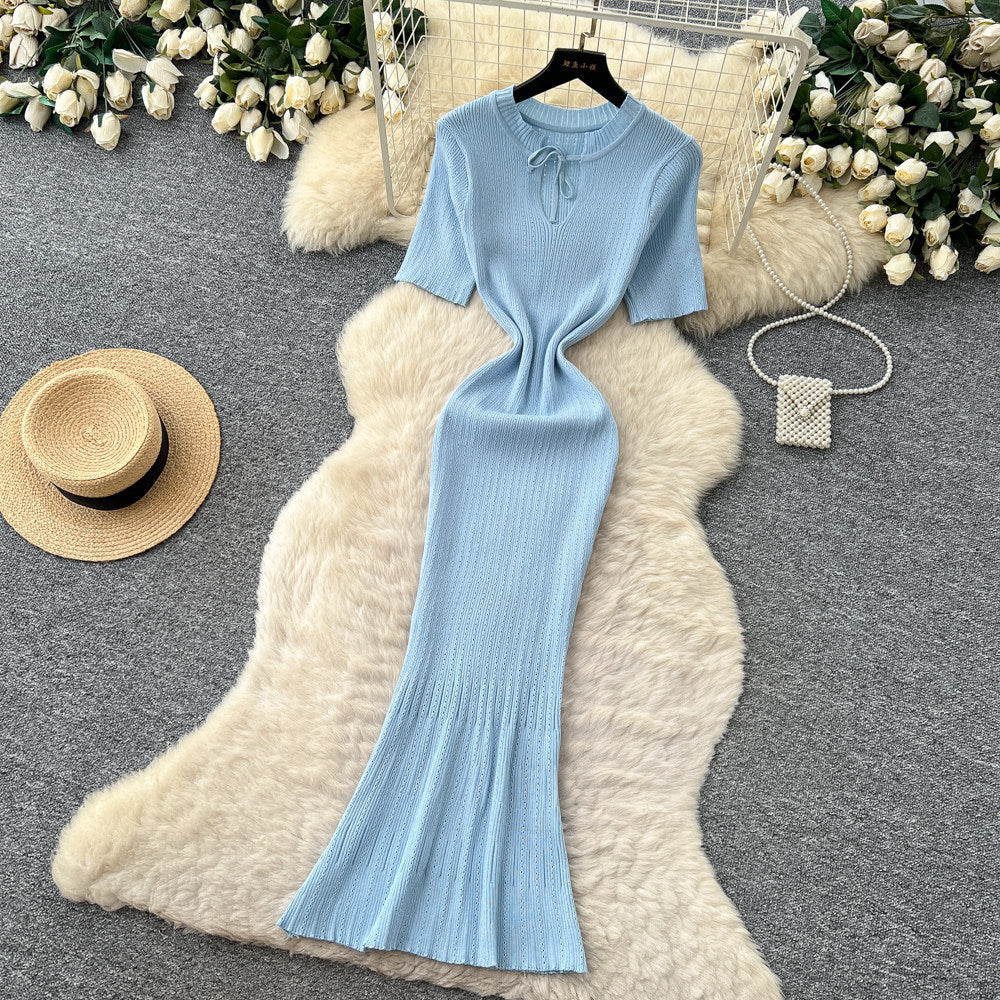 Korean style knitted hollow-out breathable dress - women's summer short sleeve, slim fit a-line maxi dress - mature & elegant style for work and casual wear