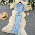 Korean style knitted hollow-out breathable dress - women's summer short sleeve, slim fit a-line maxi dress - mature & elegant style for work and casual wear