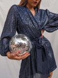 2025 new sequin mini wrap dress for women - v-neck, long sleeve, puff sleeve, sparkly wrap party dress