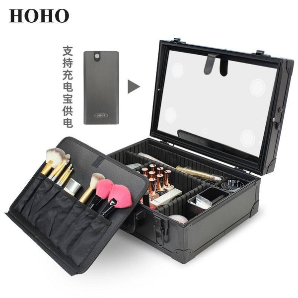 HOHO New Portable Aluminum Alloy Cosmetic Case Texture Embroidery Follow-up Case Large Capacity Storage Case Touch LED Light Women's Case