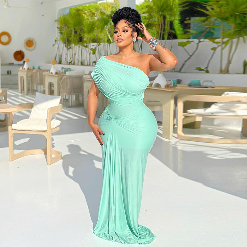 European and american women's clothing  autumn new sweet and fresh one-shoulder high-waisted slimming bodycon maxi dress