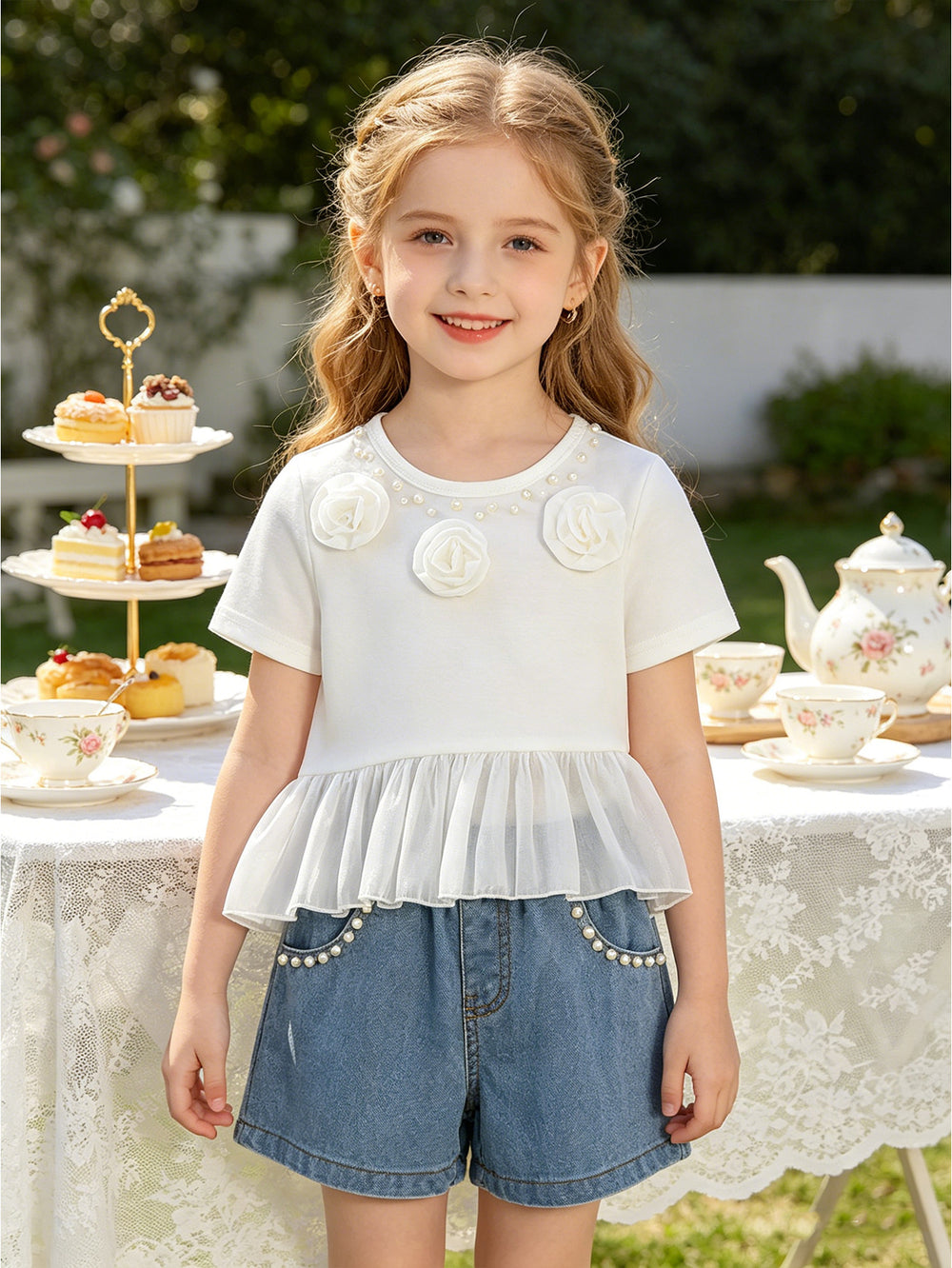 new cross-border girls' round neck floral knit top + beaded denim shorts two-piece set