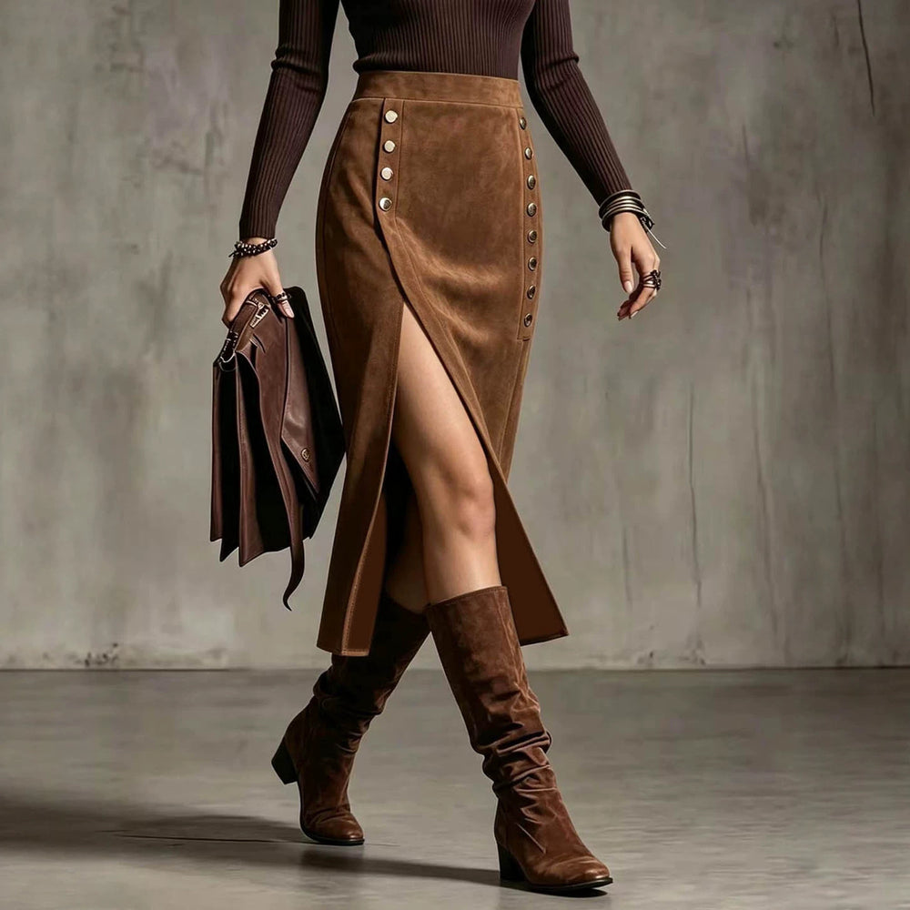 Plus size women's midi skirt - high waist, slit design, metal button detail, vintage style - wholesale