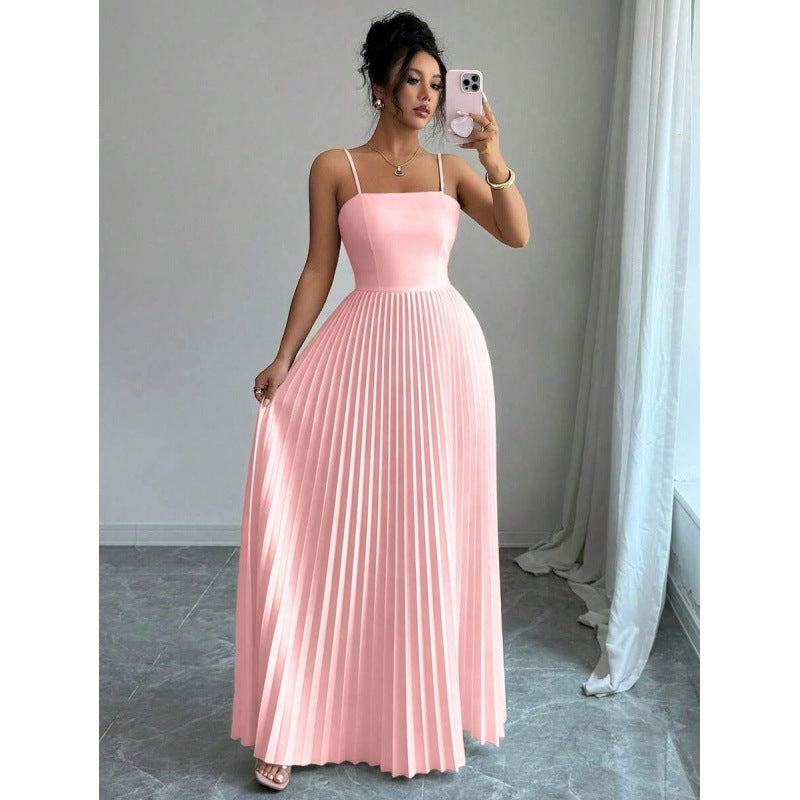 Amazon european goods summer fashion elegant solid color pleated waist-defining long slip dress