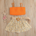 european and american style cross-border children's wear solid color ribbed tank top and printed pleated skirt two-piece set - exclusively for export