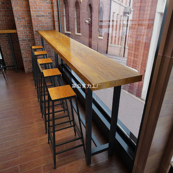 Solid wood casual wrought iron bar tables and chairs milk tea shop bar table coffee shop high table by window balcony long table and chairs