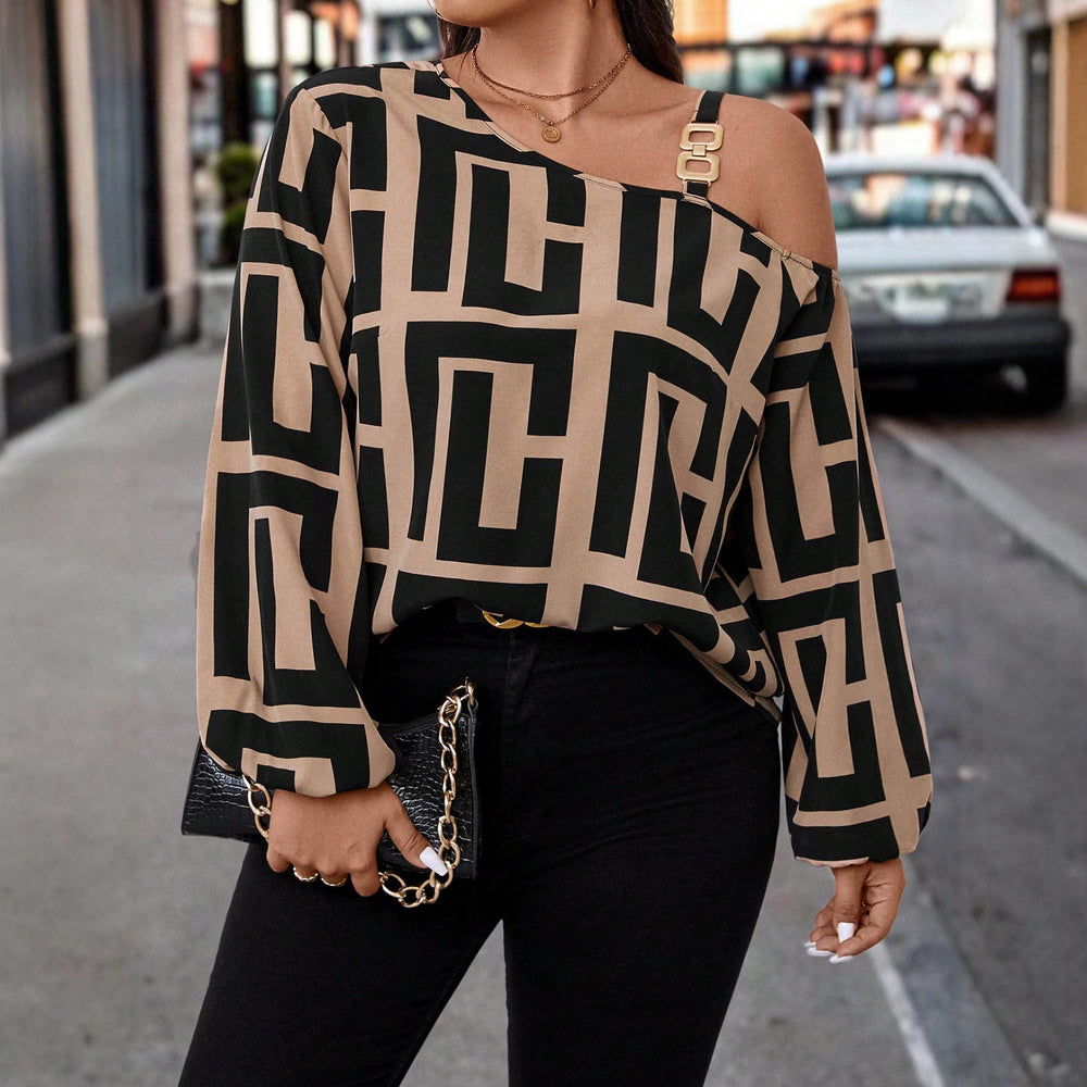 plus size retro print shirt - asymmetrical off-the-shoulder metal buckle cami with maze pattern oversized top