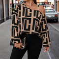 plus size retro print shirt - asymmetrical off-the-shoulder metal buckle cami with maze pattern oversized top