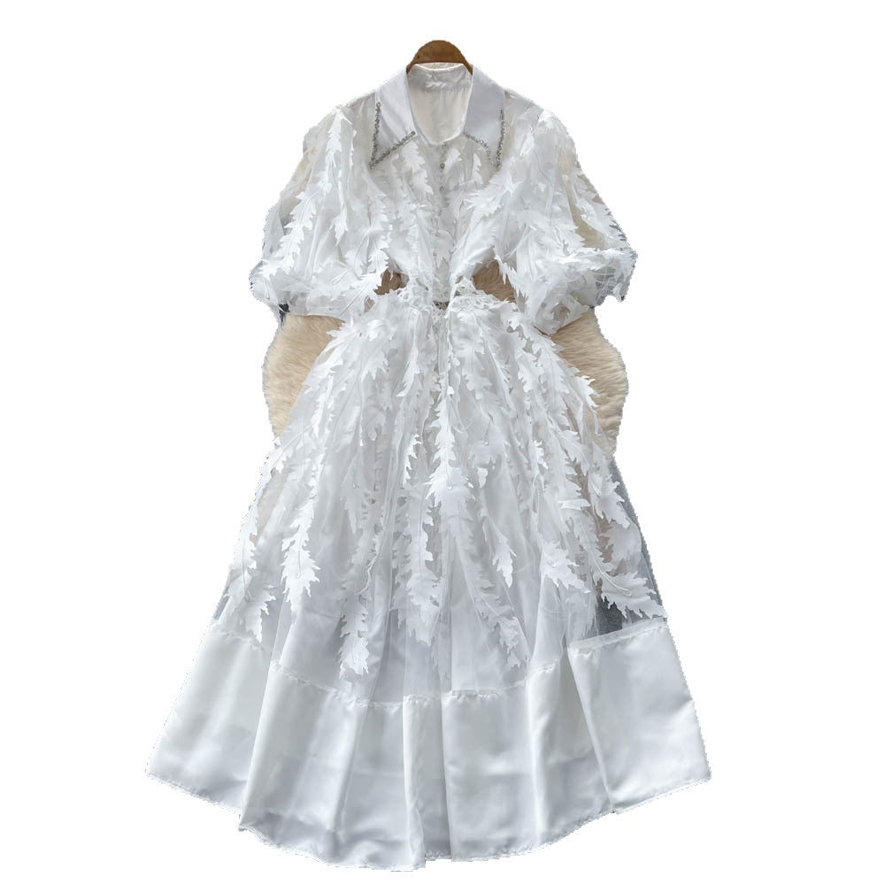 French retro court style dress - women's  autumn collection: beaded peter pan collar, lantern sleeves, 3d floral appliqué, mesh maxi dress