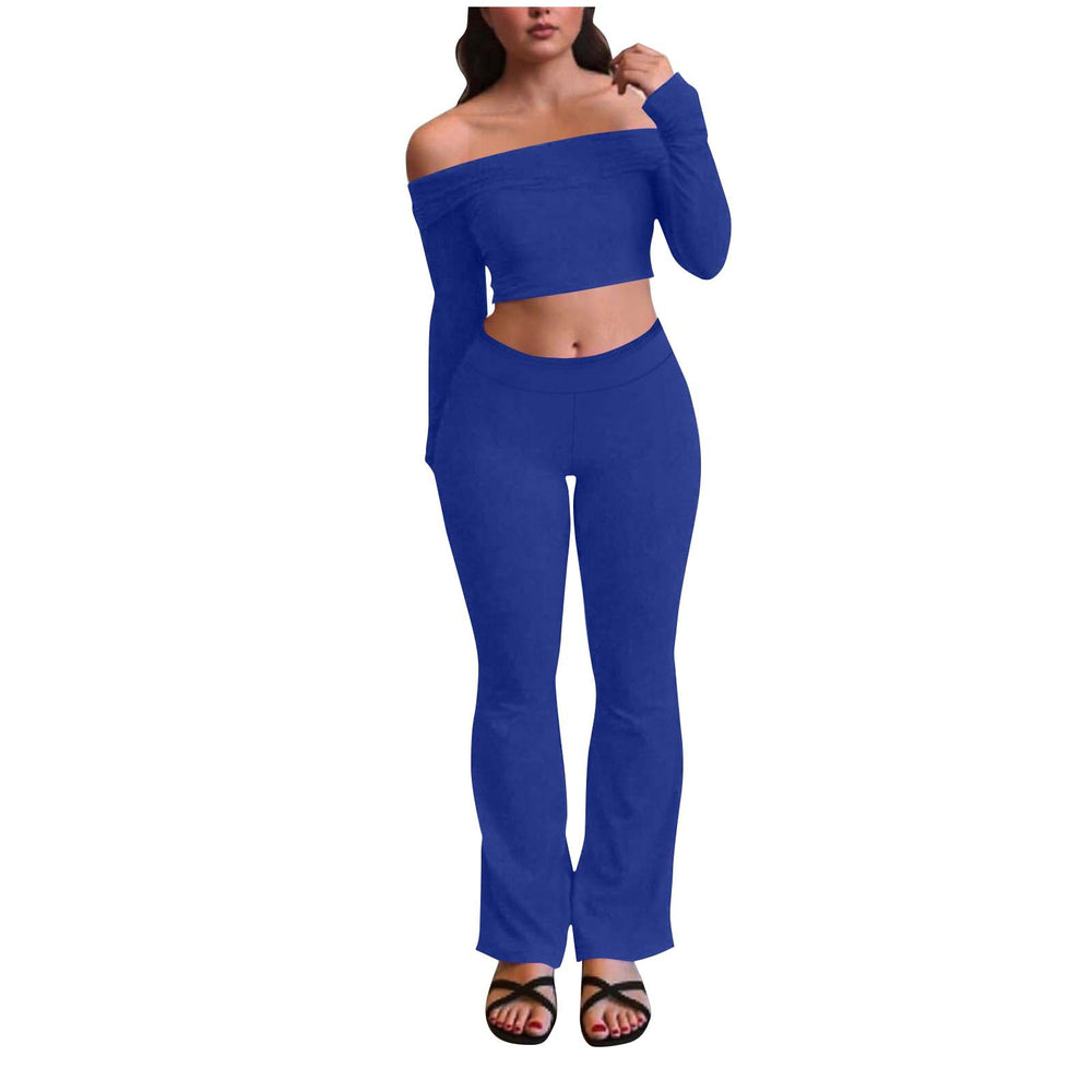 women's cross-border fashion casual slim-fit off-the-shoulder long sleeve top and elastic waist long pants tracksuit set