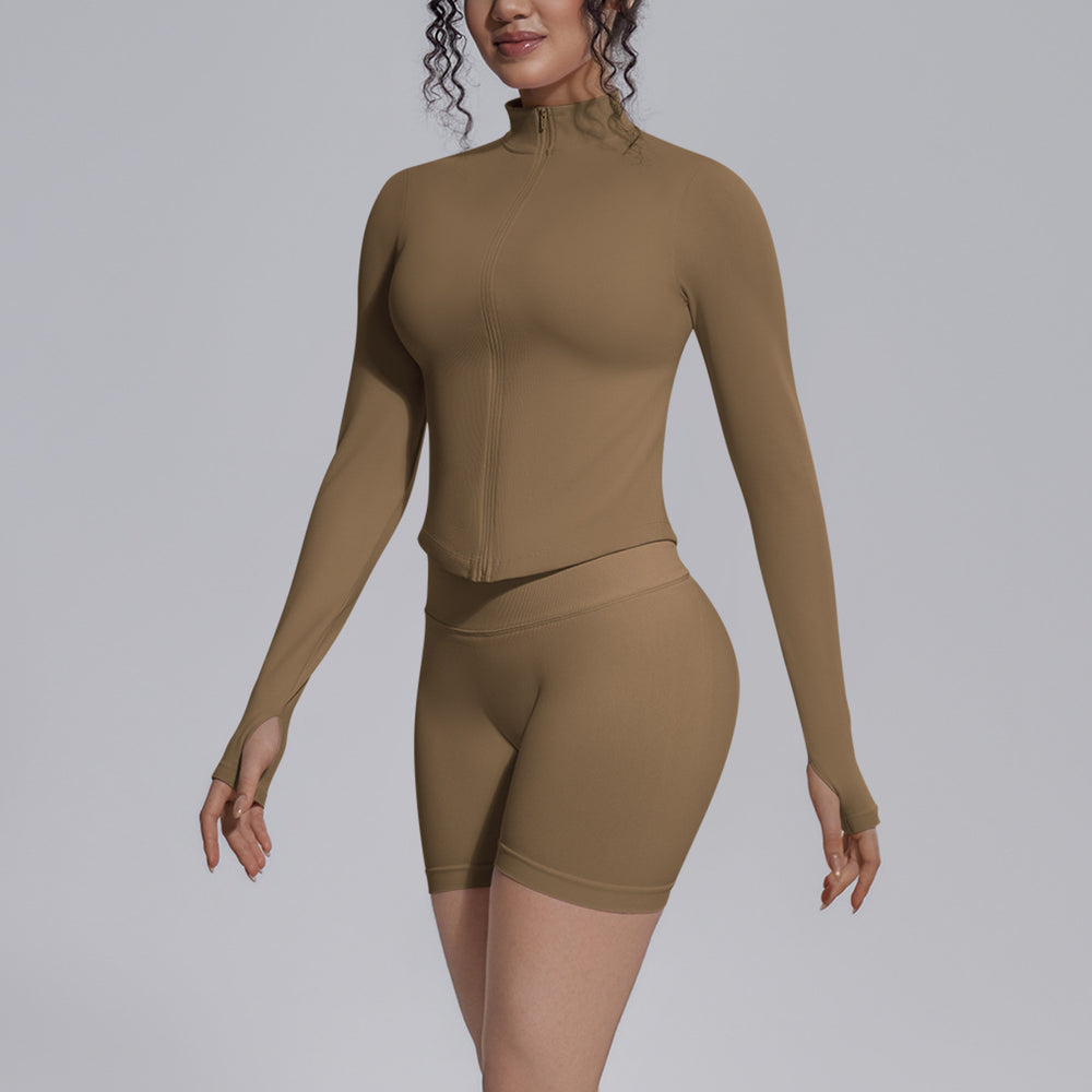 seamless pure color tight high elastic breathable stand collar zipper outwear sports running fitness yoga suit for women