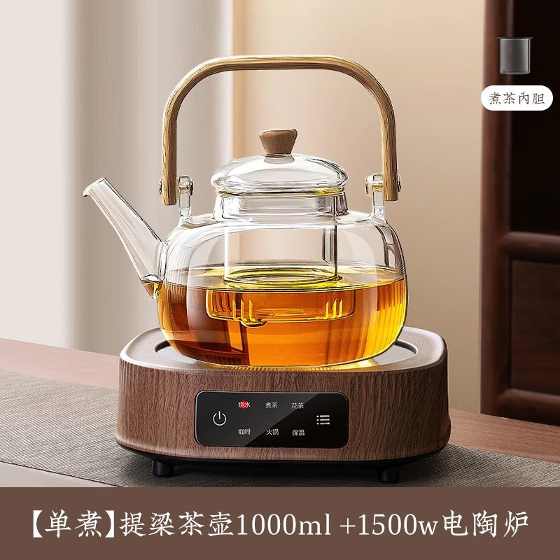 A complete set of wood grain electric ceramic stoves for making tea around the stove, a set of glass teapots for making tea around the stove, and an electric stove