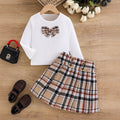 Girls' export set: white knitted long-sleeve top and pleated plaid skirt - autumn two-piece outfit for toddlers and young children