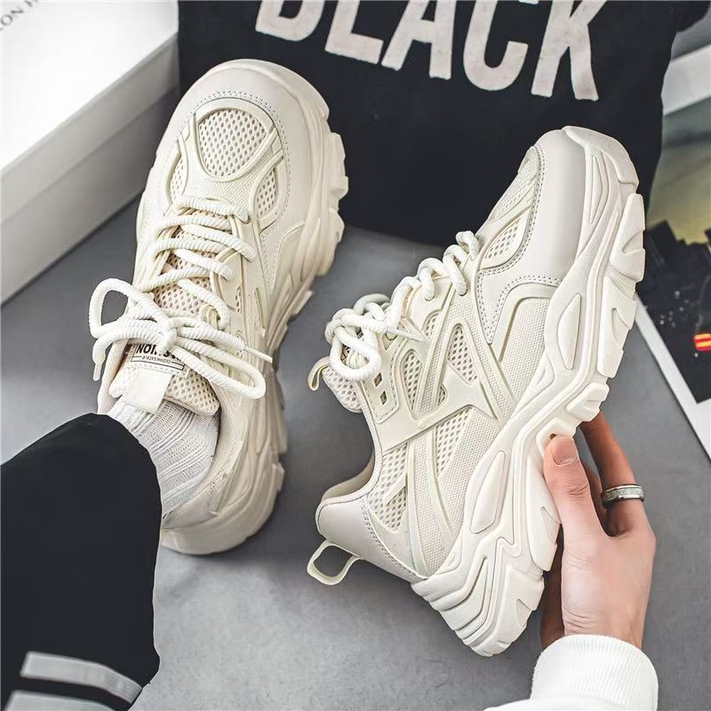 Men's shoes 2025 new winter breathable mesh casual chunky sole non-slip versatile white sneakers height increasing athletic dad shoes trendy footwear
