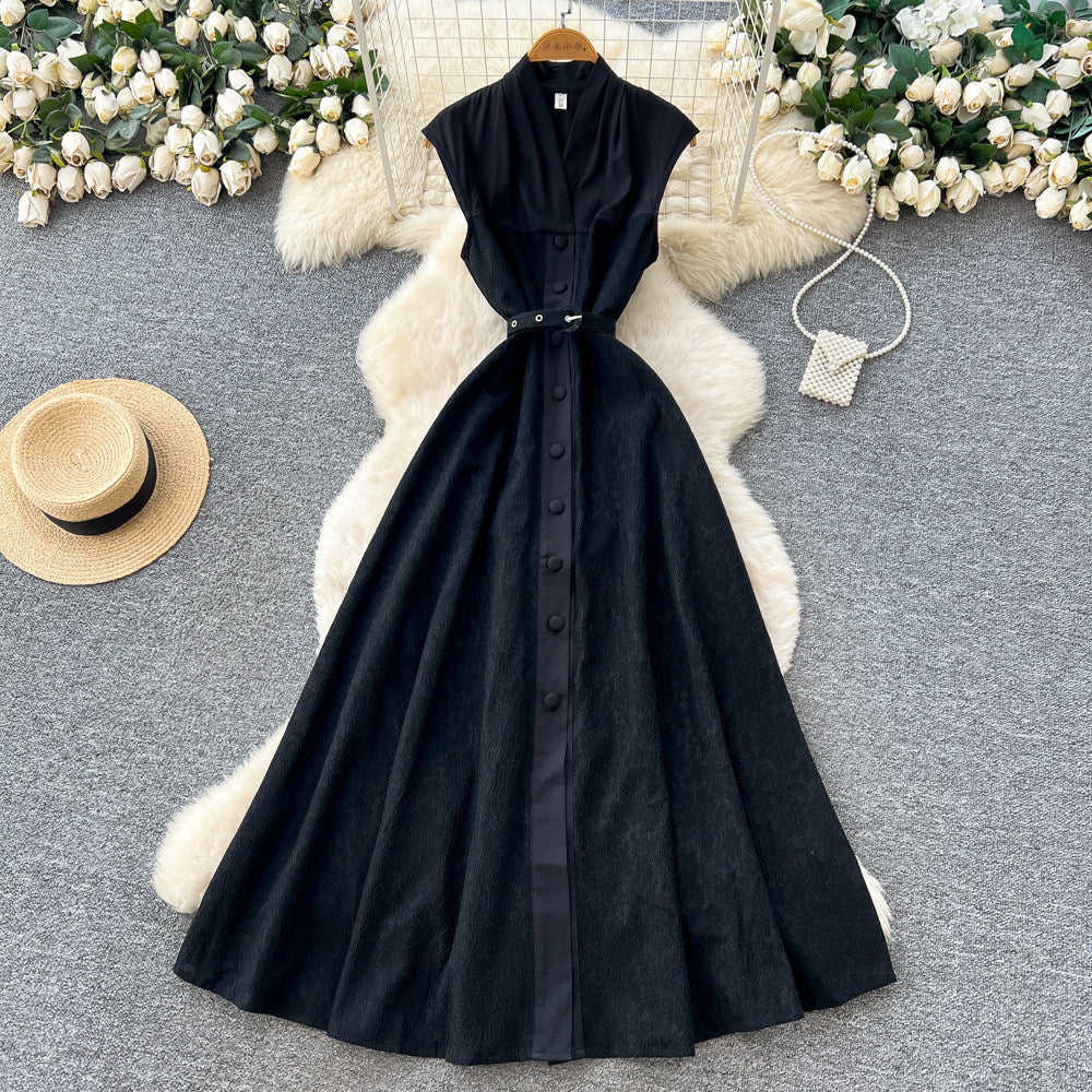 Frenchelegance style sleeveless single breasted dress for women summernew arrivalk-style waist slimming look long skirt work clothingelegant