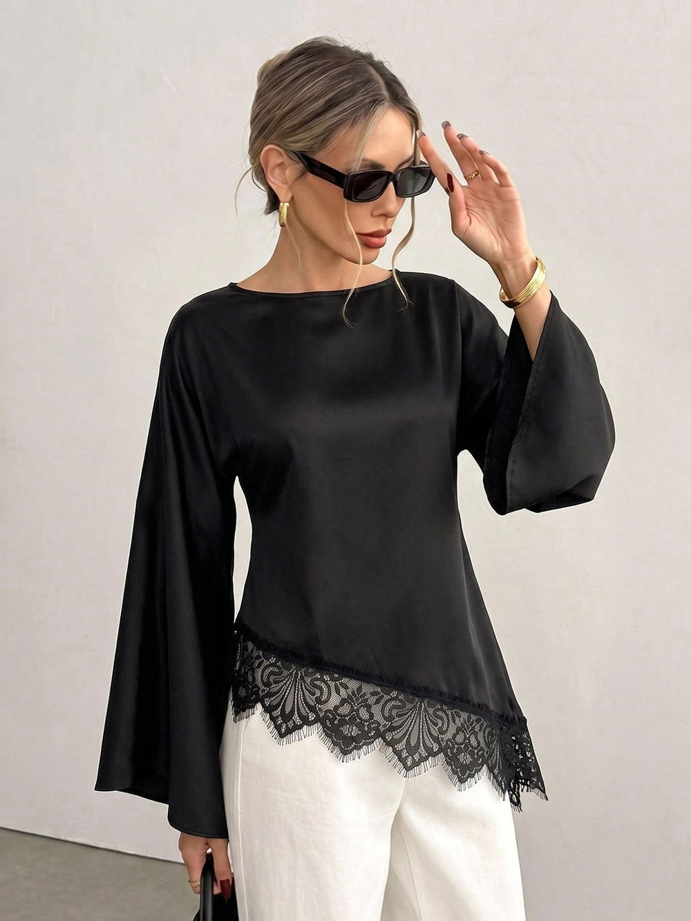 Round neck large horn long sleevestops women's asymmetrical hem lacepatchworklooseelegant women's clothing export cross-border