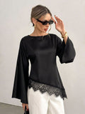 Round neck large horn long sleevestops women's asymmetrical hem lacepatchworklooseelegant women's clothing export cross-border