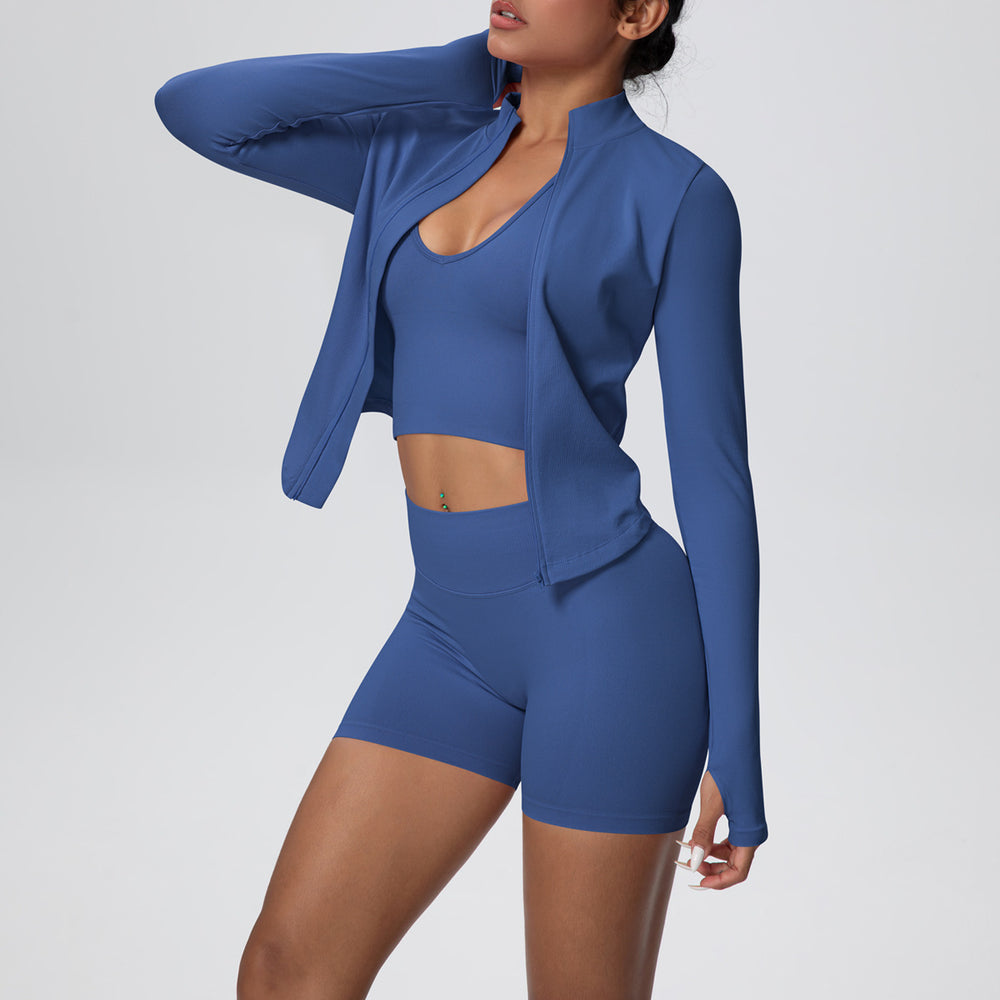 European and american seamless solid color knitted yoga outfit, outdoor casual quick-dry compression sportswear set, running fitness three-piece set