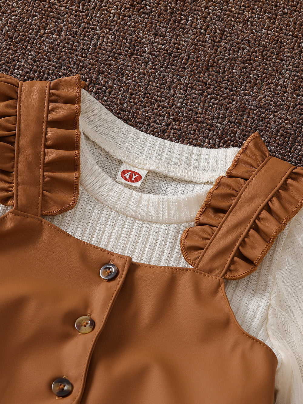 autumn new girls' preppy style mesh knit base layer top with leather vest + pleated leather skirt three-piece set