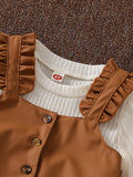 autumn new girls' preppy style mesh knit base layer top with leather vest + pleated leather skirt three-piece set