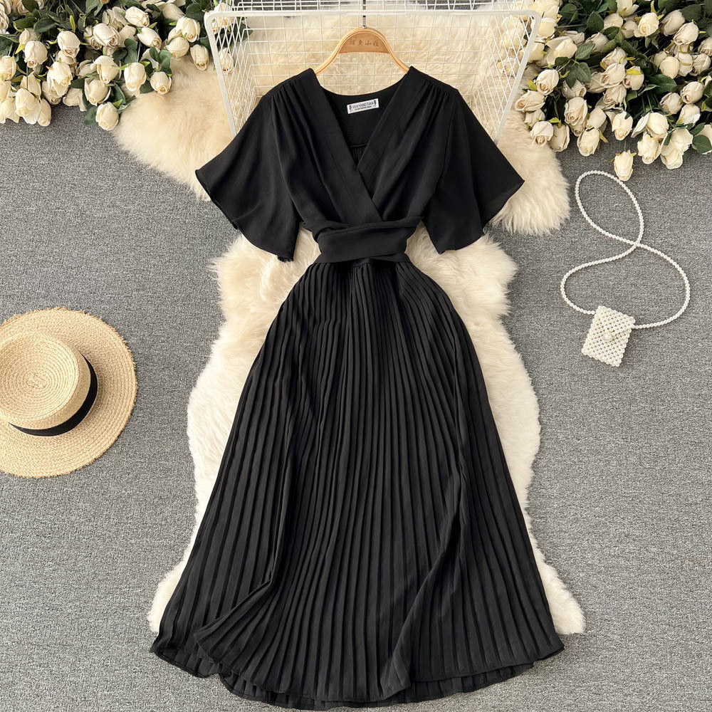 French pleated silmlong holiday style chiffon pleated long skirt pure colorelegantv necknew arrivalfrenchdress