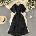 French pleated silmlong holiday style chiffon pleated long skirt pure colorelegantv necknew arrivalfrenchdress