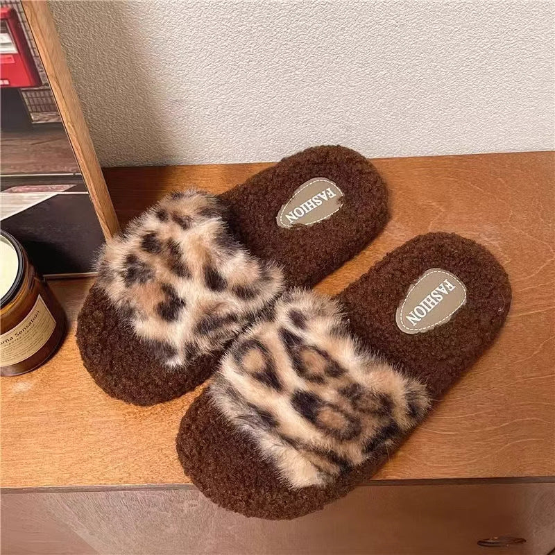 Women's cotton slippers - new autumn/winter outdoor style, trendy anti-slip platform slides with leopard print faux fur trim