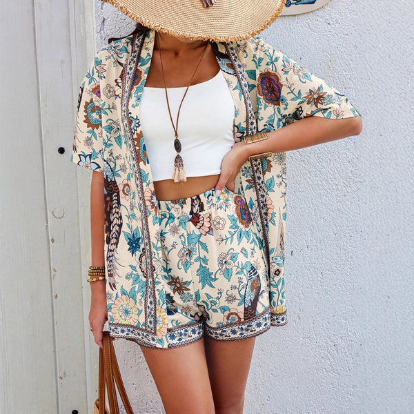 European and American  independent station   simple vacation sunscreen printing women's jacket shorts set