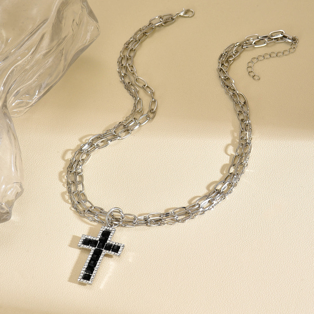 Cross pendant wholesale european and american cross-border dark necklace personalized punk diamond multi-layer combination chain clavicle chain