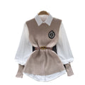 Preppy chic: women's luxury-inspired outfit set - solid color, relaxed fit long sleeve blouse + knit vest (autumn/winter)