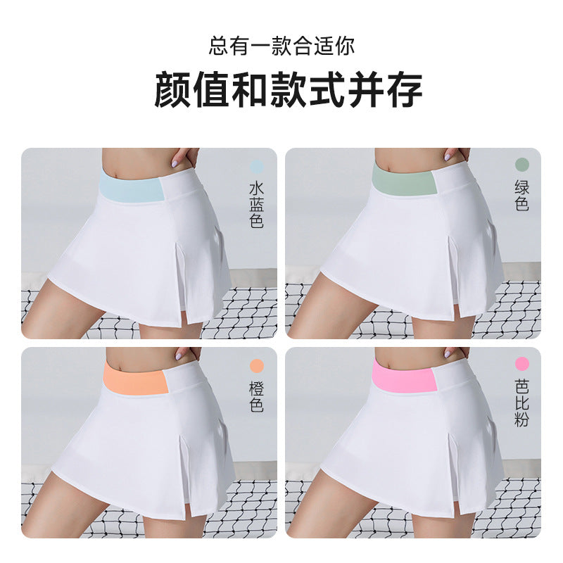Ready-to-ship green athletic tennis skirt, european and american style solid color running fitness split skirt, quick-dry tennis skort with skirt hem