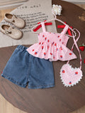 spring/summer new arrival: adorable strawberry print cami top + denim shorts set for girls (cross-border e-commerce)