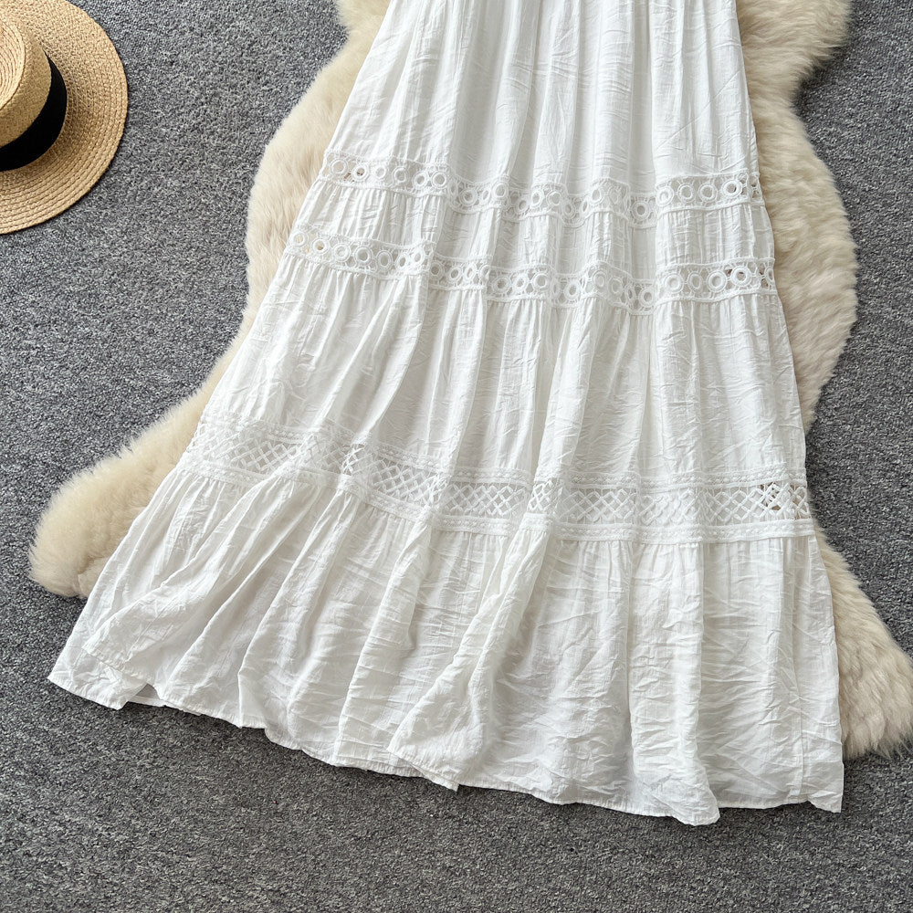 French riviera style white cutout embroidered cami dress - women's summer korean style slimming backless flowy maxi dress