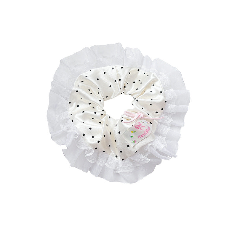 Hair tie women's classy style fashion cream white polka dot lace double layer large intestine hair rope tie hair durable headband