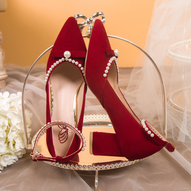 Bridal shoes 2022 new arrival red high heels french wedding shoes xiuhe wedding dress two-wear thick heel flats