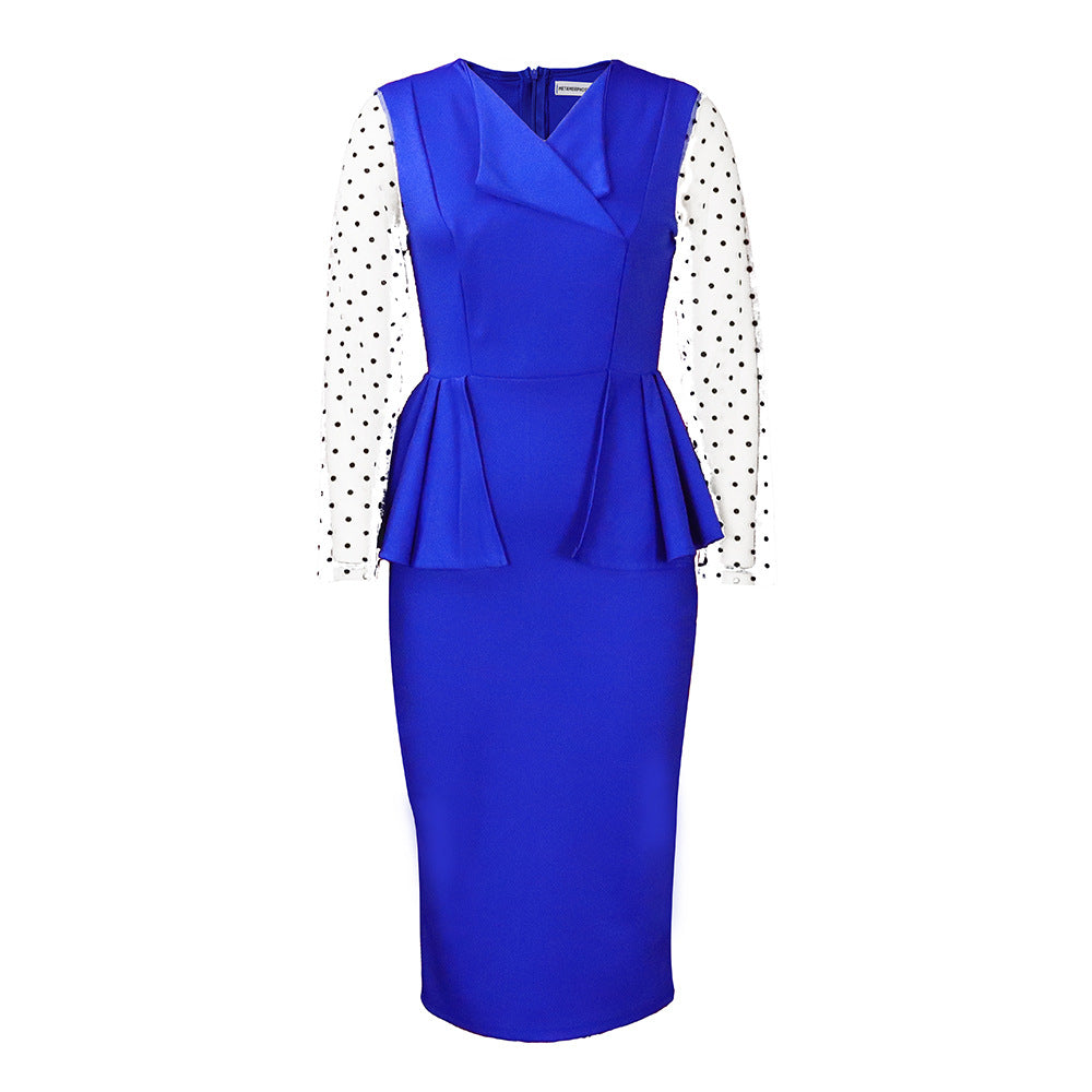 D283 cross-border supply  new temperament commuter mesh splicing v-neck ruffle pencil skirt european and american dress