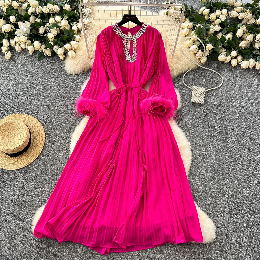 French-style, heavily embellished, diamond-studded, faux fur sleeve, high-end pleated dress - women's loose-fit, tie-waist, elegant long dress