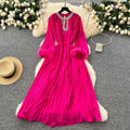 French-style, heavily embellished, diamond-studded, faux fur sleeve, high-end pleated dress - women's loose-fit, tie-waist, elegant long dress