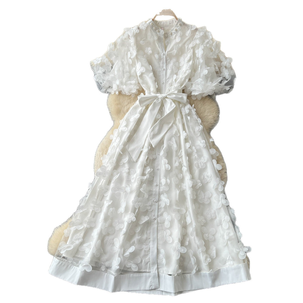 French chic 3d floral dress - women's summer  - slimming a-line dress with cinched waist - elegant work & evening gown
