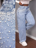 European and american style women's heavy-duty beaded and pearl embellished washed and distressed high-waisted wide-leg straight-leg floor-length jeans