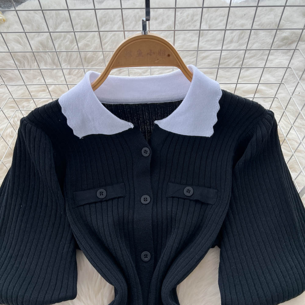 Classy sense of nichefashionablecontrast colorpolo collar puff sleeve dress female summerfrench waist knitting long skirt
