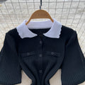 Classy sense of nichefashionablecontrast colorpolo collar puff sleeve dress female summerfrench waist knitting long skirt