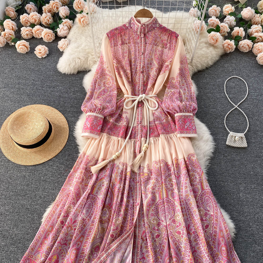 early spring new design: unique stand collar lantern sleeve printed dress - loose fit, slimming, flowy maxi dress