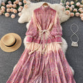early spring new design: unique stand collar lantern sleeve printed dress - loose fit, slimming, flowy maxi dress