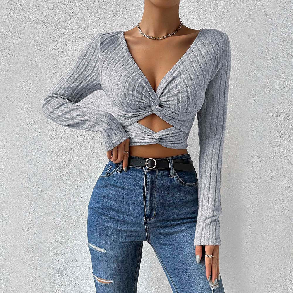 cross-border women's fashion: sexy v-neck tee - autumn/winter cropped slim-fit top with a touch of flair