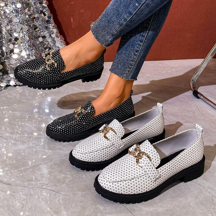 Exportplus sizespring & fallnew arrival round toe metal buckle slip-on small leather shoes british style thick heel thick sole loafers for women